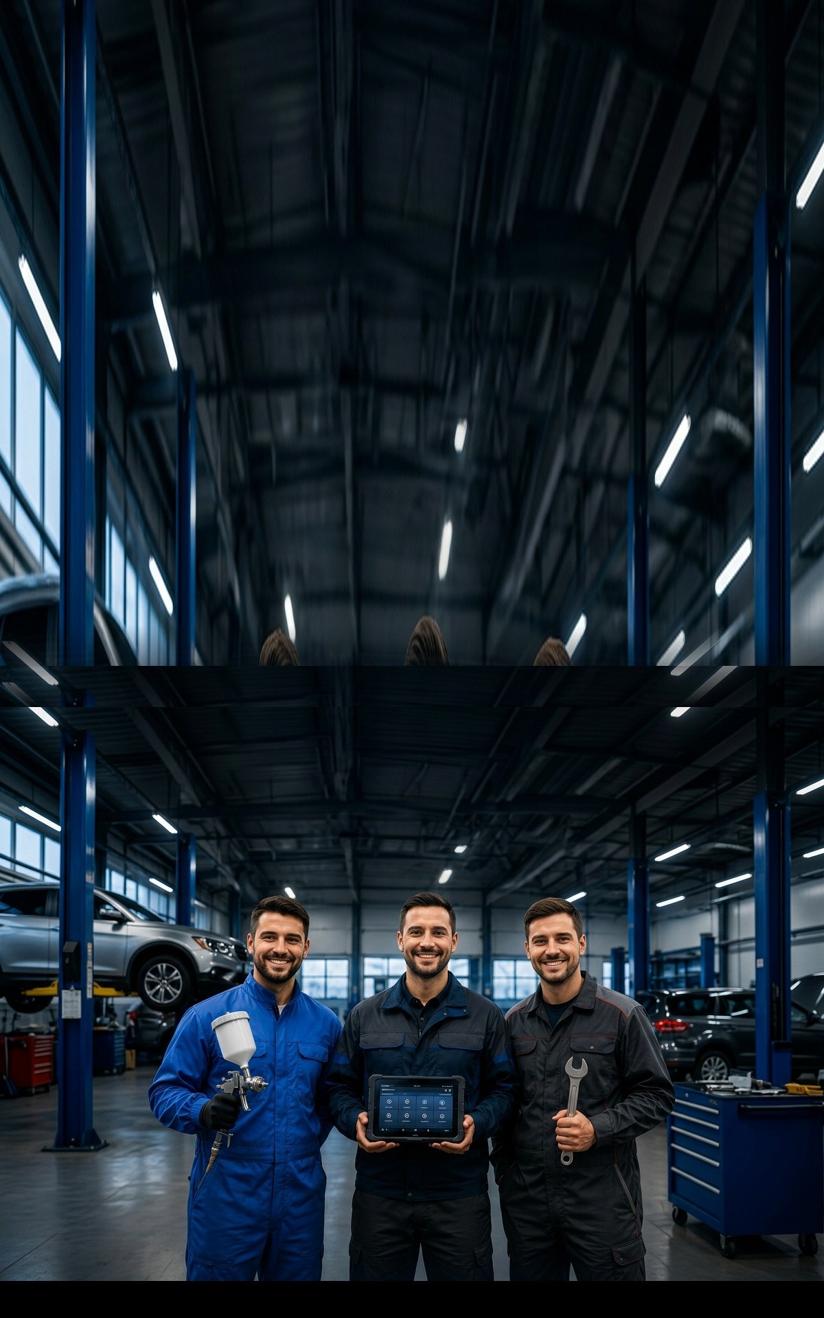 Werkstattmitarbeiter prüft Fahrzeugschaden